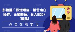 影视推广搬运项目，适合小白操作，无脑搬运，日入500+【揭秘】-苏柒资源库