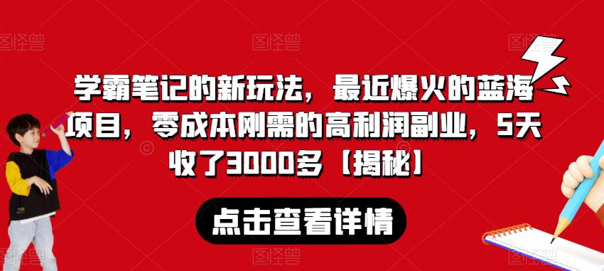 学霸笔记的新玩法，最近爆火的蓝海项目，零成本刚需的高利润副业，5天收了3000多【揭秘】-苏柒资源库