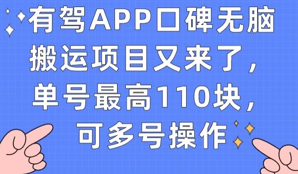 有驾APP口碑无脑搬运项目又来了，单号最高110块，可多号操作-苏柒资源库
