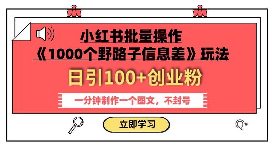 小红书批量操作《1000个野路子信息差》玩法，一分钟制作一个图文，不封号，日引100+创业粉-苏柒资源库