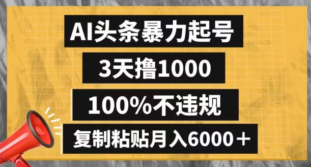 AI头条暴力起号，3天撸1000,100%不违规，复制粘贴月入6000＋【揭秘】-苏柒资源库