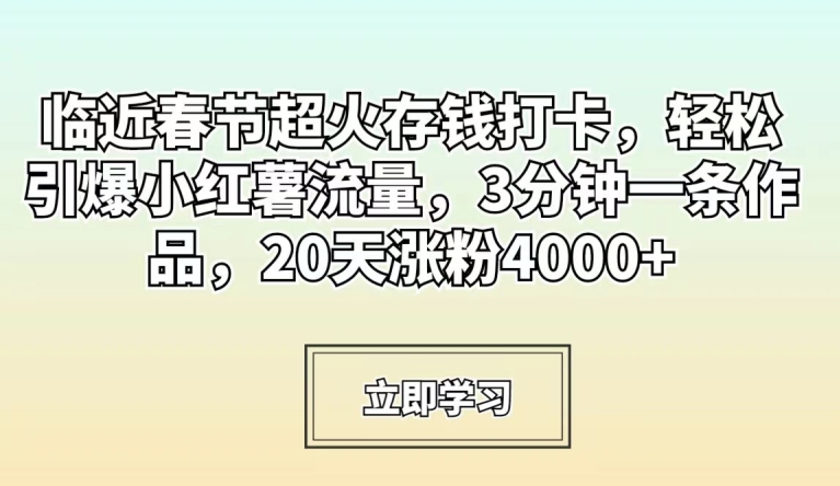 临近春节超火存钱打卡，轻松引爆小红薯流量，3分钟一条作品，20天涨粉4000+【揭秘】-苏柒资源库