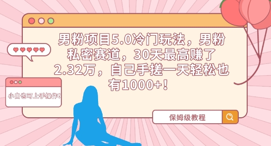 男粉项目5.0冷门玩法，男粉私密赛道，30天最高赚了2.32万，自己手搓一天轻松也有1000+【揭秘】-苏柒资源库