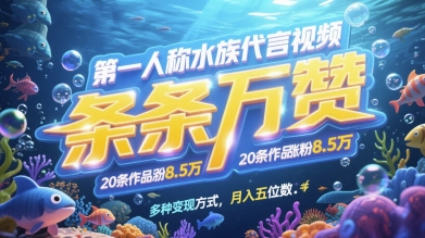 第一人称水族代言视频，条条万赞，20条作品涨粉7.8W，多种变现方式月入五位数-苏柒资源库