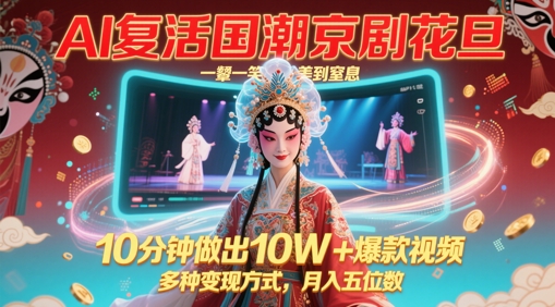 AI复活国潮京剧花旦，一颦一笑美到窒息，10分钟做出10W+爆款视频，多种变现方式，月入五位数-苏柒资源库