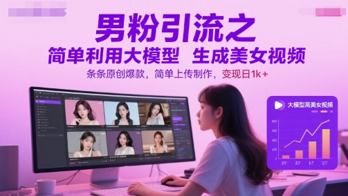 男粉引流之简单利用大模型生成美女视频，条条原创爆款，简单上传制作，变现日1k+-苏柒资源库