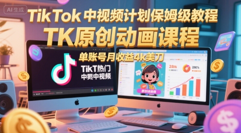 TikTok中视频计划保姆级教程，TK原创动画课程，单账号月收益4k美刀-苏柒资源库