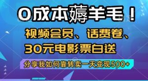 0成本薅羊毛!视频会员、话费卷、30元电影票白送,分享我如何靠转卖一天变现5张+【揭秘】-苏柒资源库