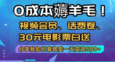 0成本薅羊毛!视频会员、话费卷、30元电影票白送，分享我如何靠转卖一天变现5张+【揭秘】-苏柒资源库
