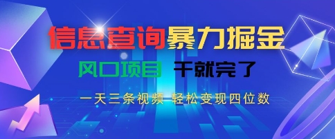 信息查询暴力掘金，一天三条视频，轻松变现四位数，风口项目干就完了【揭秘】-苏柒资源库