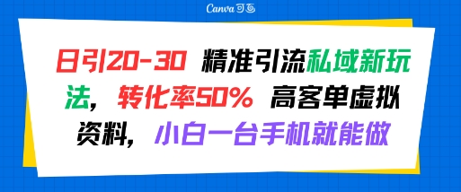 日引 20-30 精准引流私域新玩法，转化率50% 高客单虚拟资料，小白一台手机就能做-苏柒资源库