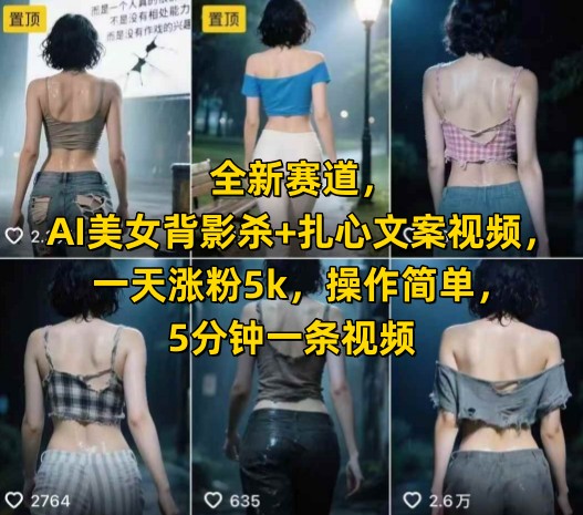 全新赛道，AI美女背影杀+扎心文案视频，一天涨粉5k，操作简单，5分钟一条视频-苏柒资源库