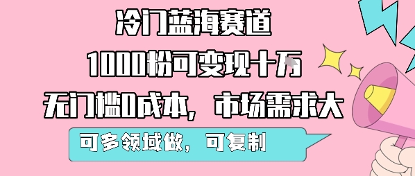 冷门蓝海赛道，1000粉可变现十W，无门槛0成本，市场需求大，可多领域做，可复制性强-苏柒资源库