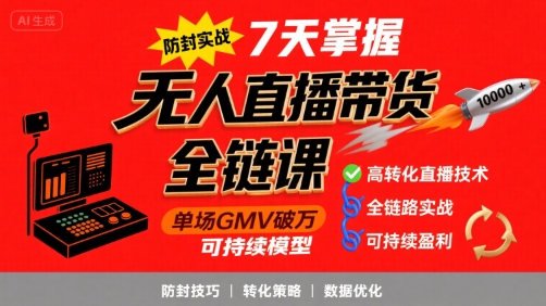 无人直播带货全链防封实战课，7天掌握高转化直播技术，实现单场GMV破万可持续模型-苏柒资源库
