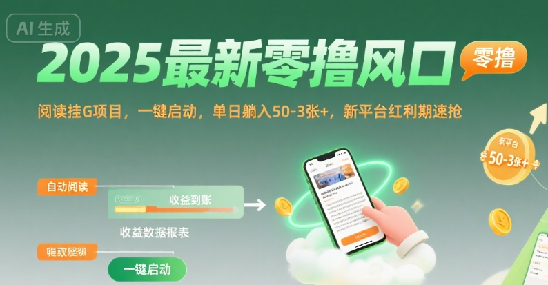 2025最新零撸风口，阅读挂G项目，一键启动，单日躺入 50-3张+，新平台红利期速抢【揭秘】-苏柒资源库