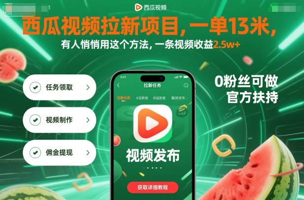 西瓜视频拉新项目，一单13米，有人悄悄用这个方法，一条视频收益2.5w+（附详细教程）-苏柒资源库