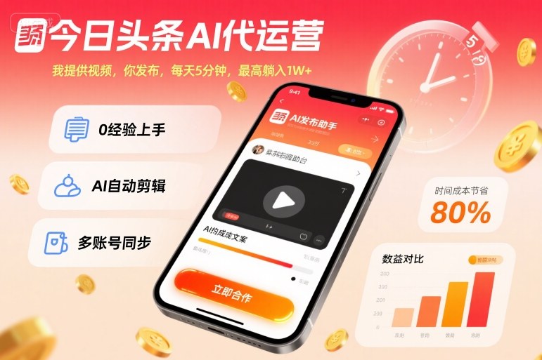 今日头条AI代运营，我提供视频，你发布，每天5分钟，最高躺入1W+【揭秘】-苏柒资源库