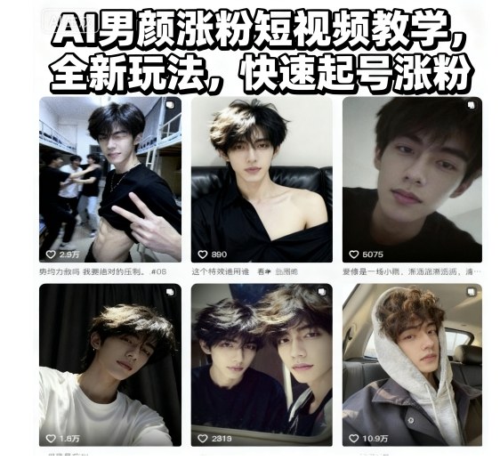 AI男颜涨粉短视频教学，全新玩法，快速起号涨粉-苏柒资源库