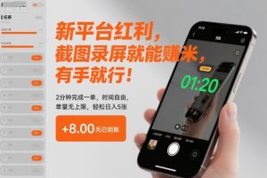 新平台红利,截图录屏就能賺米,有手就行!2分钟完成一单,时间自由,单量无上限,轻松日入5张【揭秘】-苏柒资源库